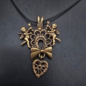 Brozne Tone Cherub Pendant Necklace Victorian Inspired